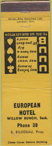 Matchbook Cover - European Hotel Willow Bunch SK