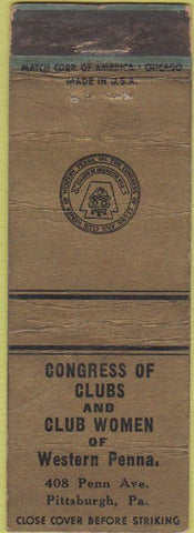 Matchbook Cover - Congress Club Women of Western PA Pittsburgh WORN