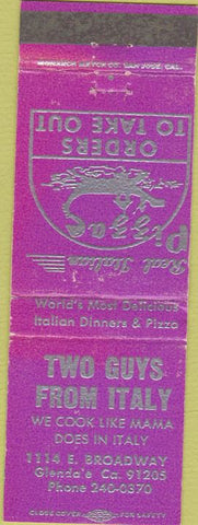 Matchbook Cover - Two Guys From Italy Glendale CA pizza