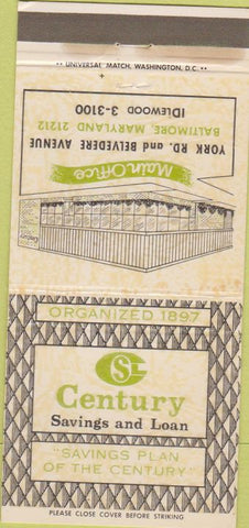 Matchbook Cover - Century Savings Loan Baltimore MD 30 Strike