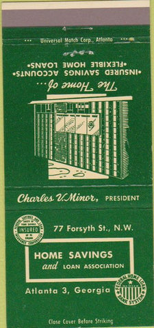 Matchbook Cover - Home Savings Loan Atlanta GA green 30 Strike