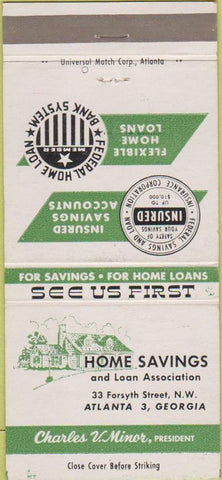 Matchbook Cover - Home Savings Loan ATlanta GA white 30 Strike