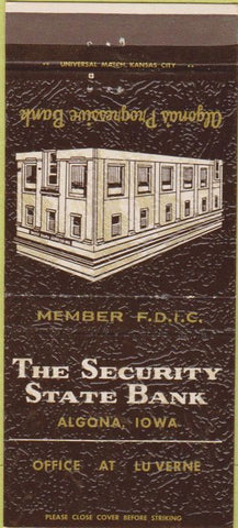 Matchbook Cover - Security State Bank Algona IA 30 Strike