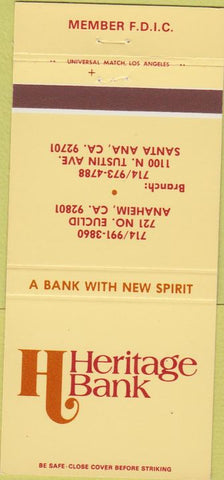 Matchbook Cover - Heritage Bank Anaheim Santa Ana CA 30 Strike