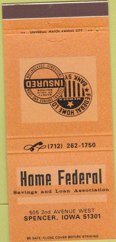 Matchbook Cover - Home Federal Savings Loan Spencer IA 30 Strike