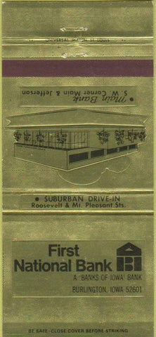 Matchbook Cover - First National Bank Burlington IA 30 Strike