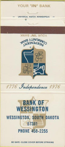 Matchbook Cover - Bank of Wessington SD 30 Strike