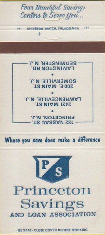 Matchbook Cover - Princeton Savings Loan NJ Somerville Bedminster 30 Strike