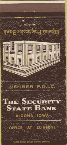 Matchbook Cover - State Security Bank Algona IA 30 Strike