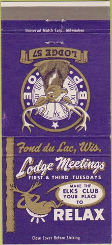 Matchbook Cover - Elks Club Fond Du Lac WI 30 Strike