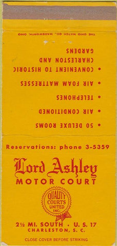 Matchbook Cover - Lord Asshley Motor Court Charleston SC 30 Strike