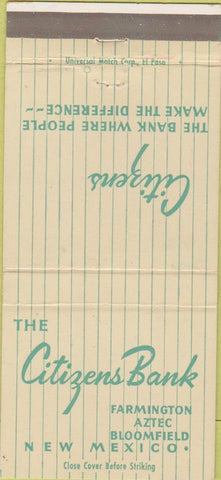Matchbook Cover - Citizens Bank Farmington Aztec Bloomfield NM 30 Strike