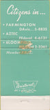 Matchbook Cover - Citizens Bank Farmington Aztec Bloomfield NM 30 Strike