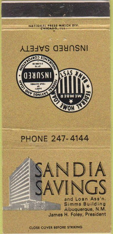 Matchbook Cover - Sandia Savings Bank Albuquerque NM 30 Strike
