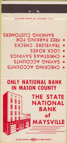 Matchbook Cover - State National Bank Maysville KY Country Club 30 Strike