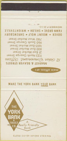 Matchbook Cover - York Bank Trust Co Dover Mount Wolf Shrewsbury PA 30 Strike