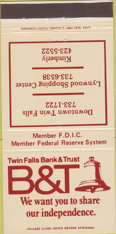 Matchbook Cover - B and T Twin Falls Bank Kimberly ID 30 Strike