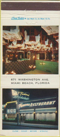 Matchbook Cover - Famous Restaurant Miami Beach FL True Color 30 Strike