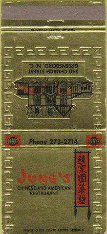 Matchbook Cover - Jung's Chinese Restaurant Greensboro NC 30 Strike