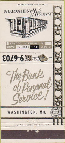 Matchbook Cover - Bank of Washington MO 30 Strike