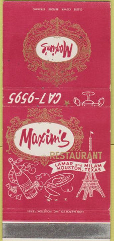 Matchbook Cover - Maxim's Restaurant Houston TX 30 Strike