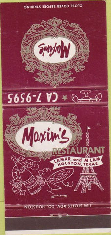 Matchbook Cover - Maxim's Restaurant Houston TX 30 Strike