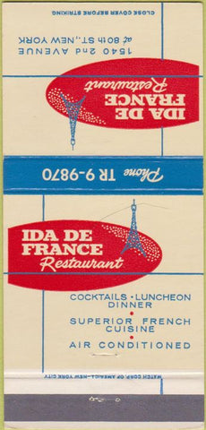 Matchbook Cover - Ida De France Restaurant New York City 30 Strike