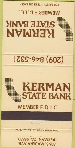 Matchbook Cover - Kerman State Bank Kerman CA 30 Strike