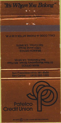 Matchbook Cover - Patelco Credit Union San Francisco CA 30 Strike
