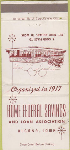 Matchbook Cover - Home Federal Savings Algona IA WEAR 30 Strike