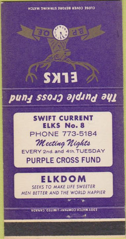 Matchbook Cover - Elks Club Pruple Cross Fund Swift Canada 30 Strike