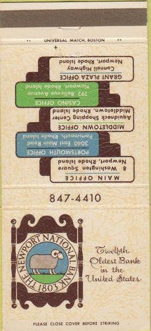 Matchbook Cover - Newport National Bank RI Portsmouth Middletown 30 Strike