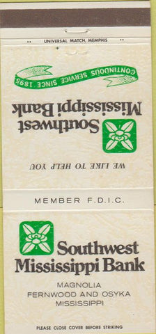 Matchbook Cover - SW Mississippi Bank Magnolia Fernwood Osyka MS 30 Strike