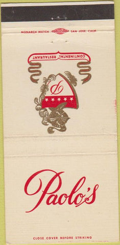 Matchbook Cover - Paolo's Restaurant San Jose CA 30 Strike