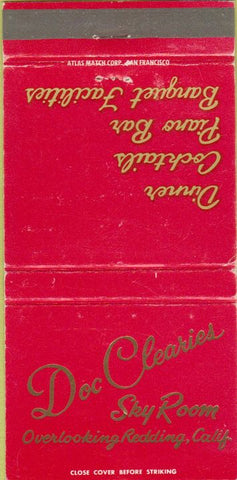 Matchbook Cover - Doc Clearies Sky Room Redding CA 30 Strike