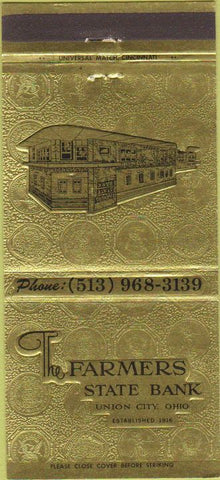 Matchbook Cover - Farmers State Bank Union City OH 30 Strike