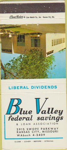 Matchbook Cover - Blue Valley Federal Savings Loan Kansas City MO 30 Strike