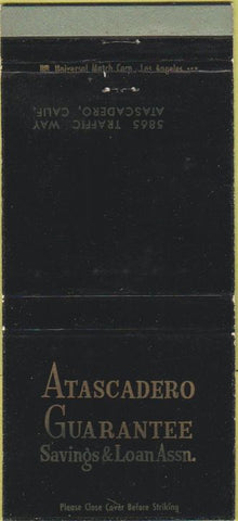 Matchbook Cover - Atascadero Guarantee Savings Loan CA 30 Strike