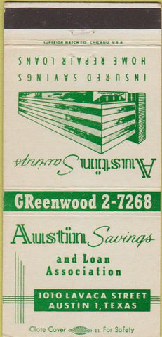 Matchbook Cover - Austin Savings Loan Austin TX 30 Strike