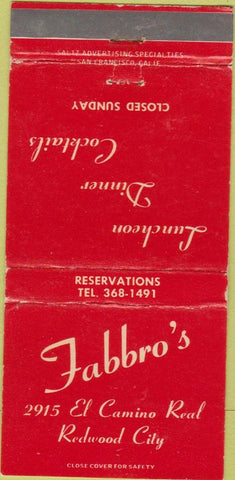 Matchbook Cover - Fabbro's Redwood City CA WEAR 30 Strike