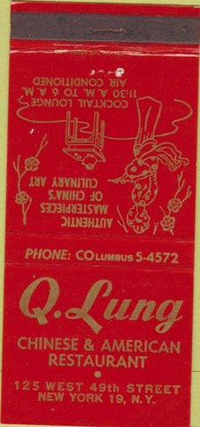 Matchbook Cover - Q. Lung Chinese Restaurant New York City girlie 30 Strike