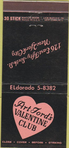 Matchbook Cover - Art Ford's Valentine Club New York City 30 Stick