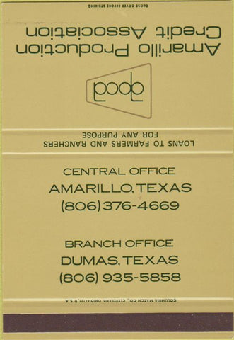 Matchbook Cover - Amarillo Production Credit TX Dumas SAMPLE 40 Strike