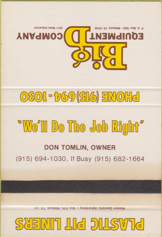 Matchbook Cover - Big D Equipment Co Midland TX SAMPLE WORN 40 Strike