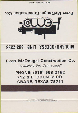 Matchbook Cover - Evert McDougal Construction Crane TX SAMPLE 40 Strike