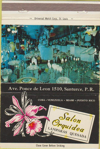 Matchbook Cover - Salon Orquidea Lamparas Quesada Santurce Puerto Rico 40 Strike