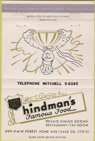 Matchbook Cover - Hindman's Restaurant Milwaukee WI 40 Strike