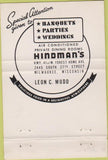 Matchbook Cover - Hindman's Restaurant Milwaukee WI 40 Strike