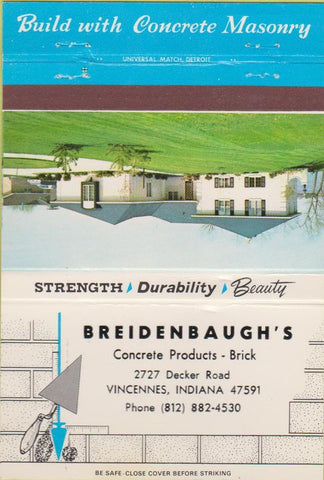 Matchbook Cover - Breidenbaugh's Concrete Bricks Vincennes IN 40 Strike