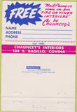 Matchbook Cover - Chauncey's Interiors Covina CA 40 Strike